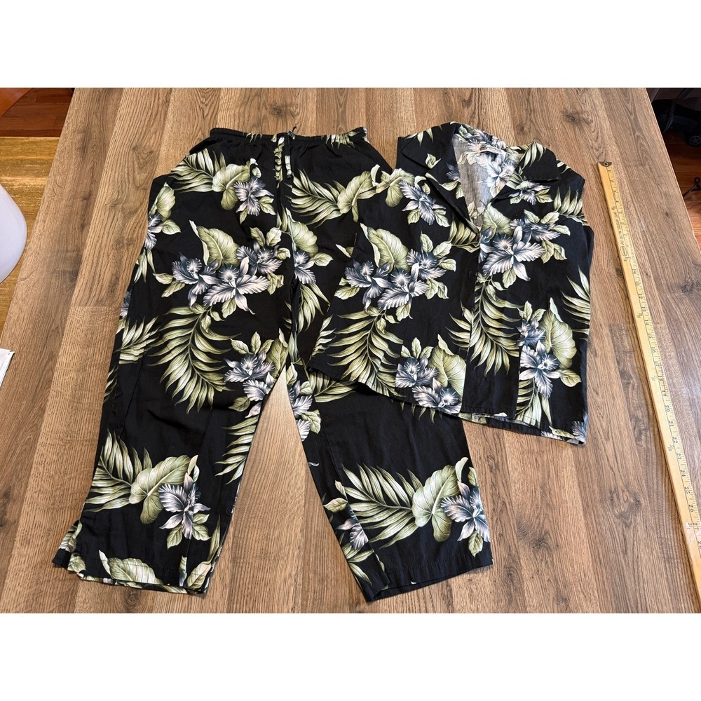 Aloha Republic Pajama Set Women L Black Floral Tropical Hawaiian 2-Piece Good